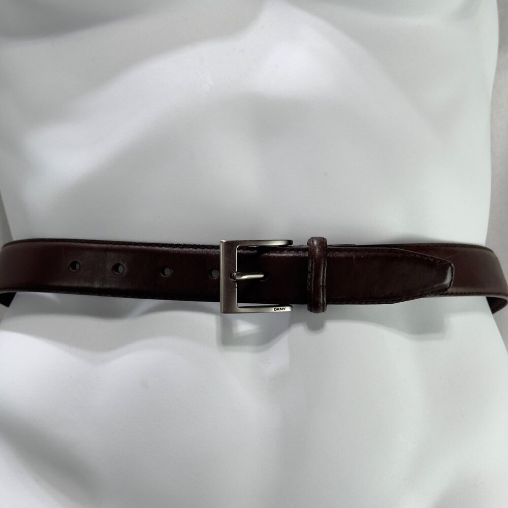 DKNY Mens Dark Brown Full Grain Leather Dress Belt With Silver Buckle Size 38
